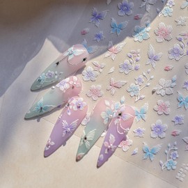 LIFOOST 5D Embossed Flower Nail Art Stickers Embroidery Pink Flower Nail Stickers with Butterfly Design Self-Adhesive Blue Floral Nail Decals for Spring Summer Manicure