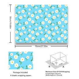 Wrapping Paper Blue Flowers for Girls Baby Boy Children Gift Wrap Wedding 20 x 28 Inches for Birthday Spring Baby Shower Anniversary Mother Father's Day All Occasions Pack of 4