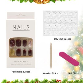 Pack of 24 Short False Nails, 12 Sizes, Square Shape, Natural Christmas False Nails with Jelly Glue & Wooden Stick & Nail File, for Winter, Party Gifts, Gifts