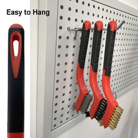 YiwerDer 3Pcs Mini Wire Brush Set, Stainless Steel/Brass/Nylon Bristles Wire Brushes, Curved Handle Soft Grip for Rust, Dirt & Paint Scrubbing with Deep Cleaning – 7 Inches (Red)