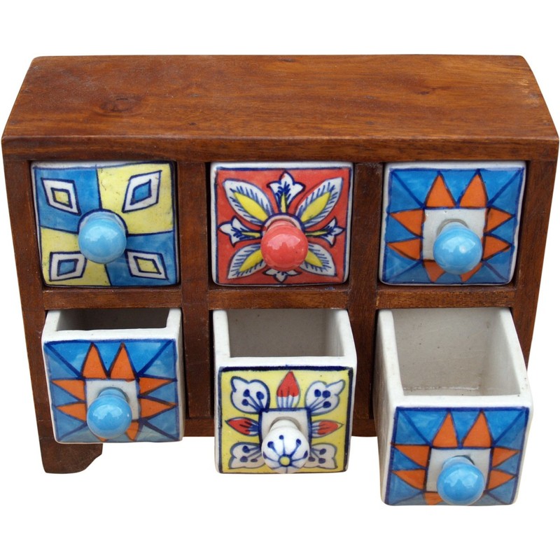 GURU SHOP Apothecary Cabinet with Colourful Ceramic Drawers, Spice Box,