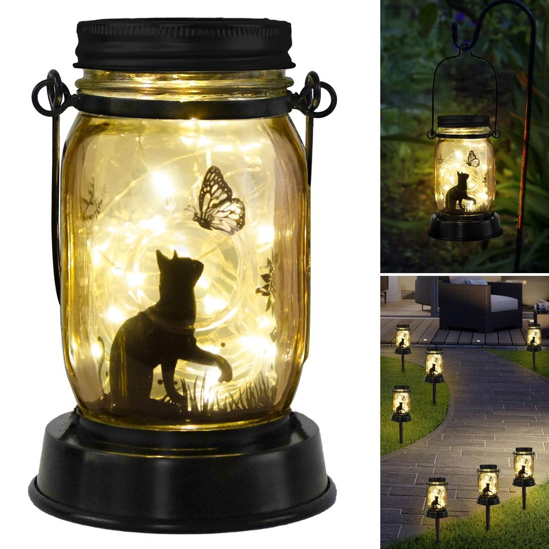 Cat Butterfly Solar Light, Fairy Lantern Garden Lights, jar Bottle
