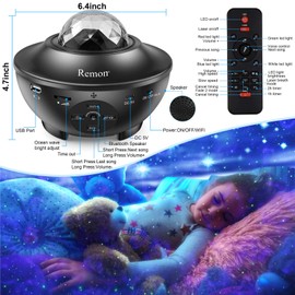 Remon Star Projector Galaxy Projector Smart Night Light with 10 Colors Ocean Wave and Starry Scene Works with Alexa and Google Home, Valentine Gift Bluetooth Music Speaker for Kids Bedroom