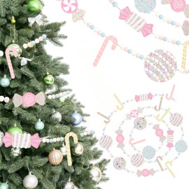 10.27 FT Macaron Wooden Bead Christmas Garland with Felt Candy Canes