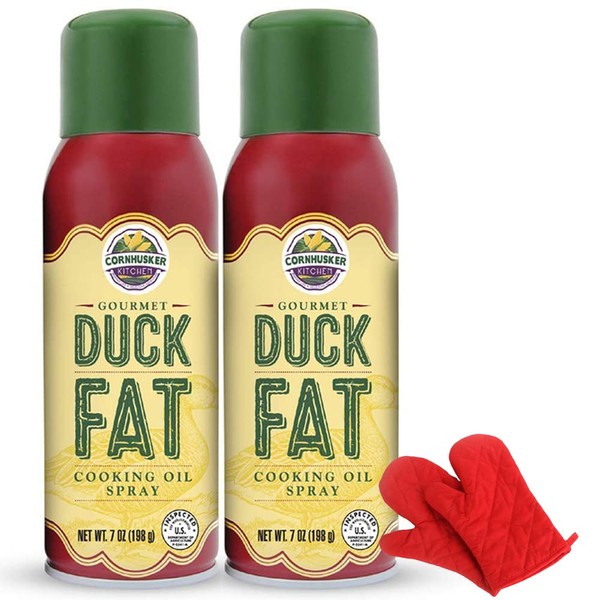 Cornhusker Kitchen Gourmet Duck Fat Spray Cooking Oil 2 Pack Bundle with Deco Chef Pair of Red Heat Resistant Oven Mitt