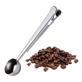 Coffee Bean Measuring Spoon with Bag Clip | Stainless Steel Coffee Scoop with Built-in Bag Sealer (Silver)