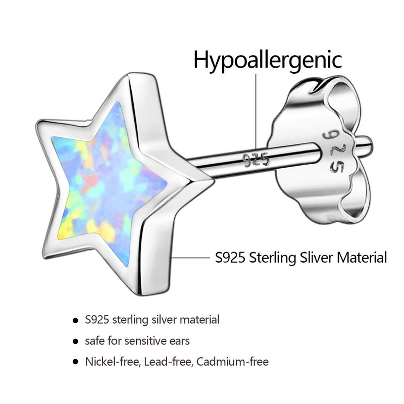 Hypoallergenic Star Girls Earrings, S925 Sterling Sliver Fire Opal Stud