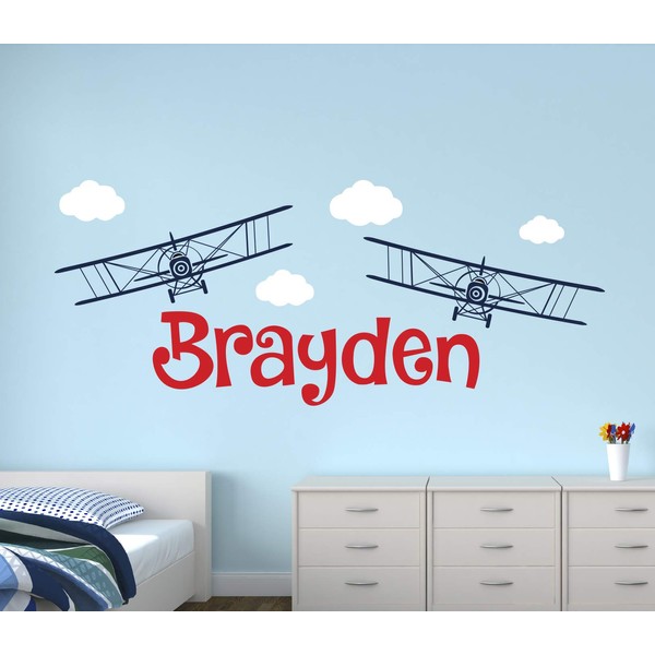 Personalized Name Wall Decal - Airplanes Wall Decal - Boys Room Decor - Nursery Wall Decal - Kids Vinyl Wall Decal (40"W x 16"H)