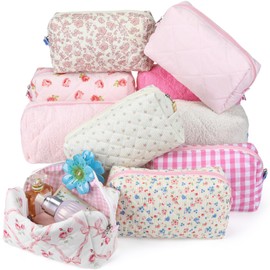 Paterr 10 Pcs Cotton Quilted Makeup Bag Bulk Floral Cosmetic Pouch Gingham Make up Bag Coquette Aesthetic Makeup Pouch with Zipper Travel Portable Case Preppy Gifts for Women(Pink Floral)