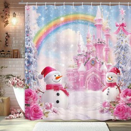 Bcsewcg - Juego de cortinas de ducha de Navidad, divertidas cortinas de ducha de tela, feliz Navidad, bosque, nieve, pino, copo de nieve, escena natural, decoración del hogar, baño, 72 W x 72 L (rosa)