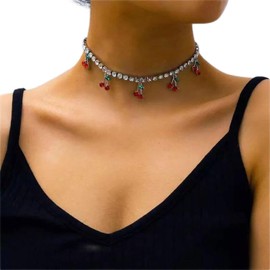 YienDoo Crystal Cherry Choker Necklace Chain Vintage Rhinestone Choker Silver Cherry Fruit Pendant Necklace Wedding Bridesmaids Short Rhinestone Tennis Chain Choker Jewelry for Women and Girls