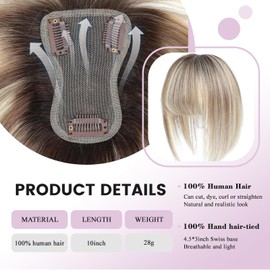 Hair Toppers for Women Human Hair with Bangs Hand-stitched 360°3D Coverage Natural for Thinning HairPieces for Women with Thinning Hair Swiss Base Ombre Light Brown with Blond Highlight（2T613）