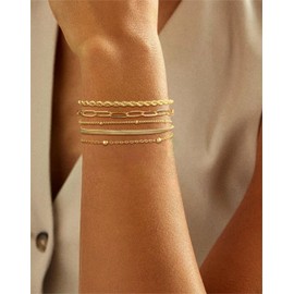 Hothrty 14K Gold Plated Bracelets Dainty Bracelets Set Trendy Jewelry Set Paperclip Box Herringbone Figaro Rope Chain Bracelet Pack Gifts for Woman