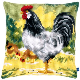Vervaco Cross Stitch Embroidery Kits Cushion Embroidery Set Beginners Pre-Printed White Rooster DIY Set Creative Set for Adults Decorative Cushion Approx. 40 x 40 cm Craft Set Craftsman Home