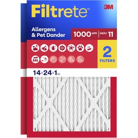 Filtrete 14x24x1 AC Furnace Air Filter, MERV 11, MPR 1000, Micro Allergen Defense, 3-Month Pleated 1-Inch Electrostatic Air Cleaning Filter, 2 Pack (Actual Size 13.81 x 23.81 x 0.81 in)