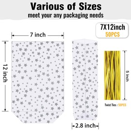 ZIMCEMS 50Pcs 7X12 inch Bottom Gusset Bags Silver Star Printed Clear Cellophane Gift Bags Plastic Gift Wrap Cello Bags for Party Favor Treats, Goodie,with 5" Twist Ties