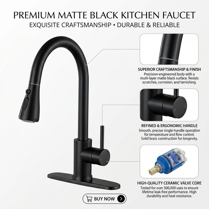 KINGO HOME Kitchen Faucets with Pull Down Sprayer,Matte Black,Lead-Free