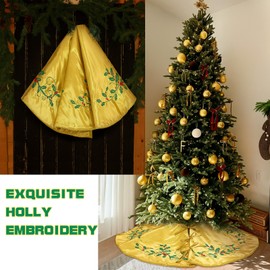 Soulchen Deluxe Satin Christmas Tree Skirt 48 Inch Luxury Silk Vintage Bow Tree Skirt with Holly Embroidered Leaf for Holiday Rustic Xmas Trees Decorations (Gold)