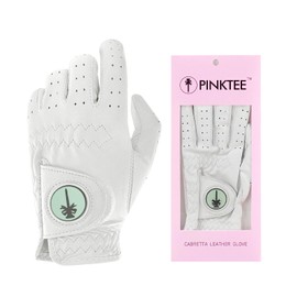 CROWNBLANKS PINKTEE Women's Golf Glove Left Hand Ladies Pink Cabretta Leather Golf Gloves with Removable Magnetic Ball Marker Full Finger Elastic (Mint Mark, 19)