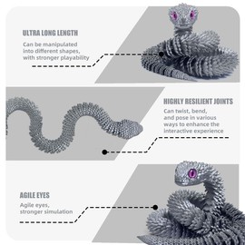 3D Printed Snake - 21 Inch Movable Articulated Snake, Perfect 3D Printed Animals for Educational Toys! Must-Have Toys for Kids and Collectors, Home Office Executive Desk Decor (Silvery)