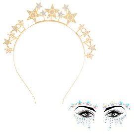 Stern Haarreif, Damen Glitzer Strasssteine Haarband, Haarreifen Mädchen Gold Inkl. Strass-Gesichtstattoos Für Fasching, Festivals, Maskenbälle & Mädchengeburtstage