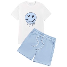 Floerns Men's Graphic Print T Shirt Drawstring Waist Shorts Set 2 Piece Outfit A Blue White Graphic M