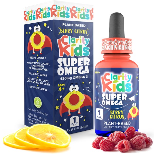 Clarity Kids Super Omega with DHA + EPA | Omega 3 for Better Focus & Quality Sleep | Algae Oil Omega 3 Liquid (1 mL) | All Natural DHA Drops for Children | USA Made Supplement | (1 fl oz)