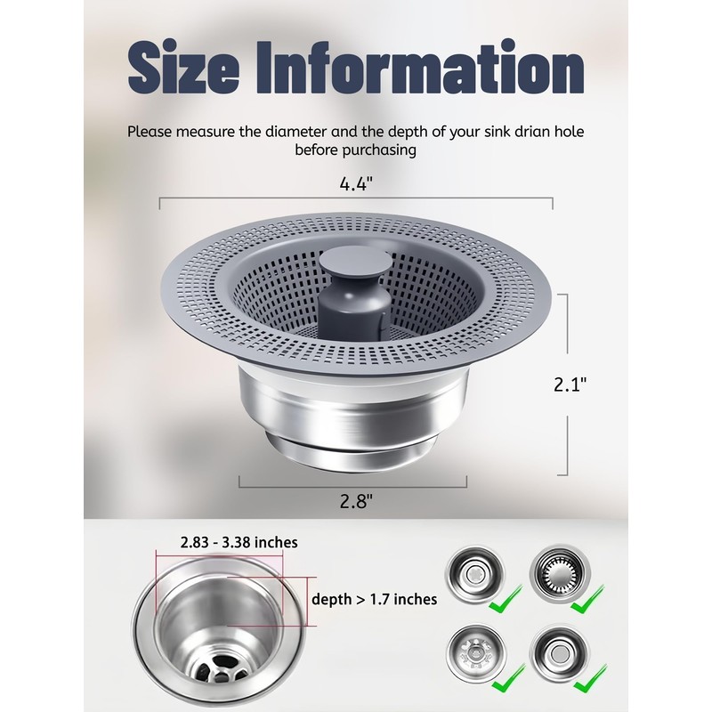 Upgraded Kitchen Sink Drain Strainer and Stopper Set 304 Stainless