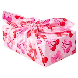 RUSPEPA 26" Reusable Christmas Cloth Wrap, 1 Fabric Wrap with Cherry Bow, Candy Cane, Snowflake Design on Natural Cotton, Pink Sweet Reusable Wrapping for Girls Holiday, Wedding, Housewarming Gifts