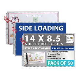 Keepfiling Landscape 14 x 8.5 Legal Size Sheet Protectors, Side Load, Extra Heavyweight, Glass Clear, 2 Packs (50 Sheets Total), Archival Safe
