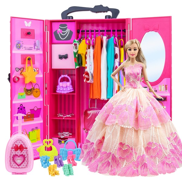 ZITA ELEMENT 101PCS Doll Dream Closet Wardrobe Set for 11.5 Inch Doll including Closet Wardrobe Suitcase Casual Clothes Gowns Swimsuits Mini Dresses Necklaces Shoes Bags Hangers