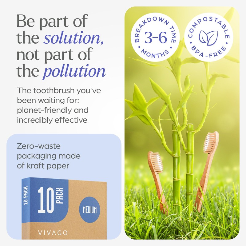 VIVAGO Bamboo Toothbrushes Medium Bristles 10 Pack - BPA Free