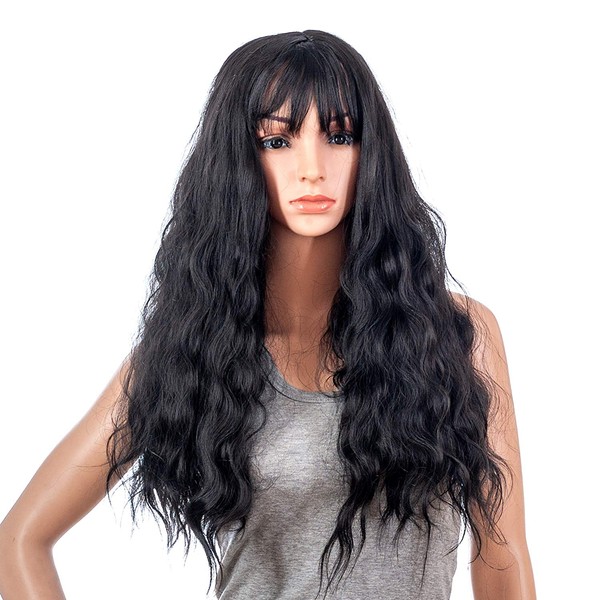 SWACC 26-Inch Women Long Wave Curly Synthetic Hair Full Wig with Wig Cap (Black Mixed)