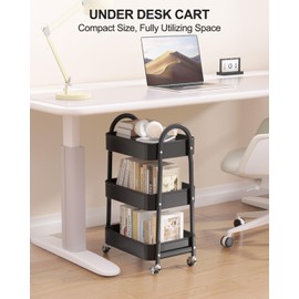 EAGMAK 3 Tier Rolling Cart Under Desk, Metal Storage Cart with Handle and Lockable Wheels, Multifunctional Storage Organizer Trolley with Mesh Baskets for Kitchen, Living Room, Office, Garage (Black)