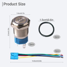 220V-230V Self-Locking Push Switch 16 mm Metal, On/Off Switch LED Illuminated Blue, Built-in Switch, Waterproof IP66, Push Button with Socket Cable for Start Power DIY