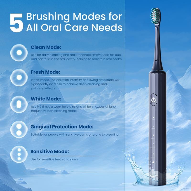 SEJOY Sonic Electric Toothbrush Rechargeable Power 5 Modes Timer, With
