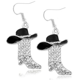 Rhinestone Western Boots Earrings Cowgirl Cowboy Enamel Hat Bohemian Rodeo Boot Drop Dangle Earrings for Women Girls Gift Black Hat