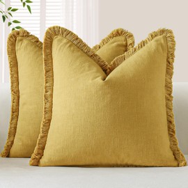 OTOSTAR Set of 2 Linen Fringe Decorative Throw Pillow Covers 18x18 Inch Soft Accent Cushion Covers with Tassels Boho Farmhouse Home Decor Pillowcase for Sofa Couch Patio Bed Living Room, Honey Mustard