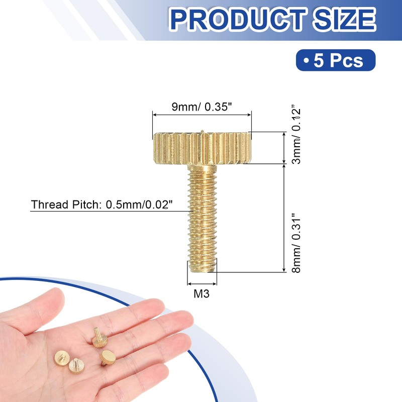 uxcell 5Pcs Brass Knurled Thumb Screws, M3x8mm Flat Stripe Bolt