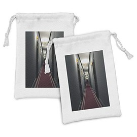 Ambesonne French Fabric Pouch Set of 2, Hotel Corridor Building Inside Classic French Interior Design Picture Art, Small Drawstring Bag for Toiletries Masks and Favors, 9" x 6", Grey Yellow