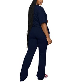 PINSV Womens Sets 2 Piece Outfits Casual Short Sleeve Top and Flare Pants Lounge Sets Tracksuit Navy Blue XL