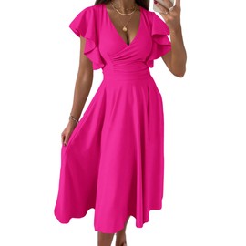 PRETTYGARDEN Summer Midi Dress 2025 Spring Ruffle Sleeve V Neck Cocktail Wedding Guest A Line Fit and Flared Dresses (Rose Red,XX-Large)