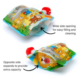 Nom Nom Kids – 10 x 140ml Animal Design side fill pouches, 5 extra caps, 1 Pen + 1 red or blue bonus snack bag for finger foods