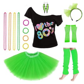 Women's 80's Costumes with Accessories Set Green Tutu Skirt Earrings Necklace Bracelets Fishnet Gloves Legwarmers Headband Large(8-10) …