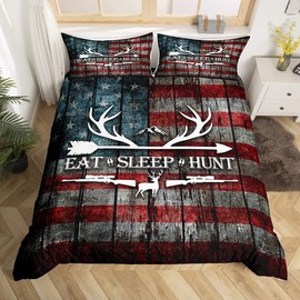 Eat Sleep Hunt Bedding Set Twin,Deer Antler and Arrow Print Duvet Cover with 1 Pillow Sham Comforter Cover for Kids Boys,Retro Stars Stripes American Flag Quilt Cover Set Decorative 2 Pcs