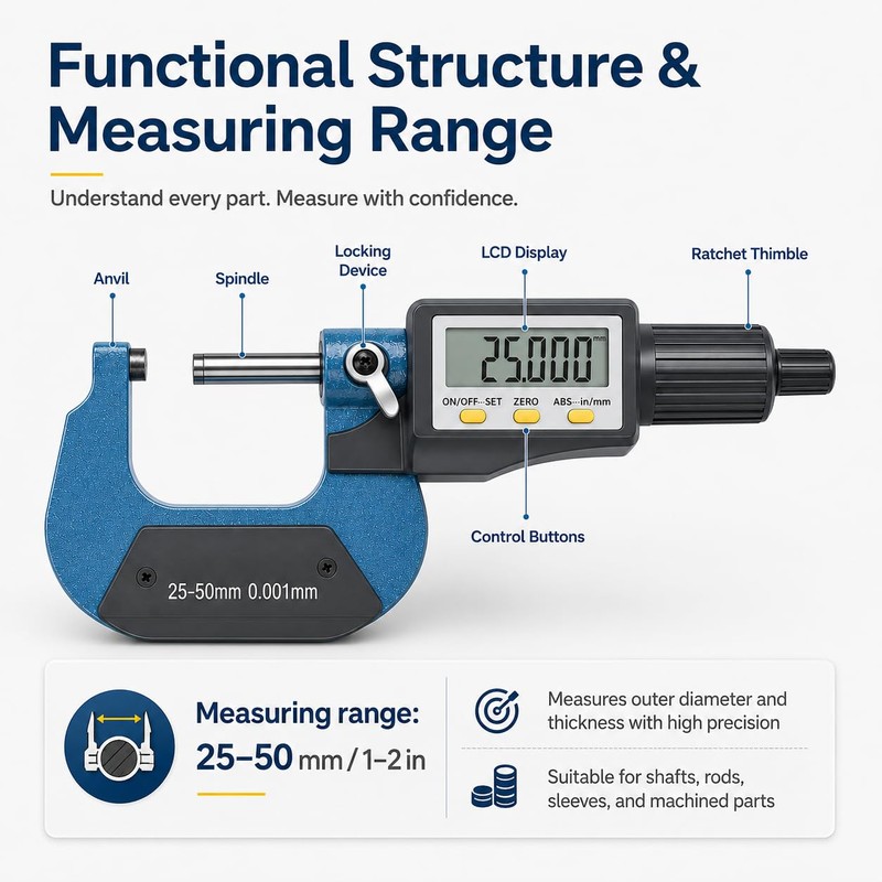 Digital Outside Micrometer, 25-50 mm/1-2 Inch LCD Micrometer