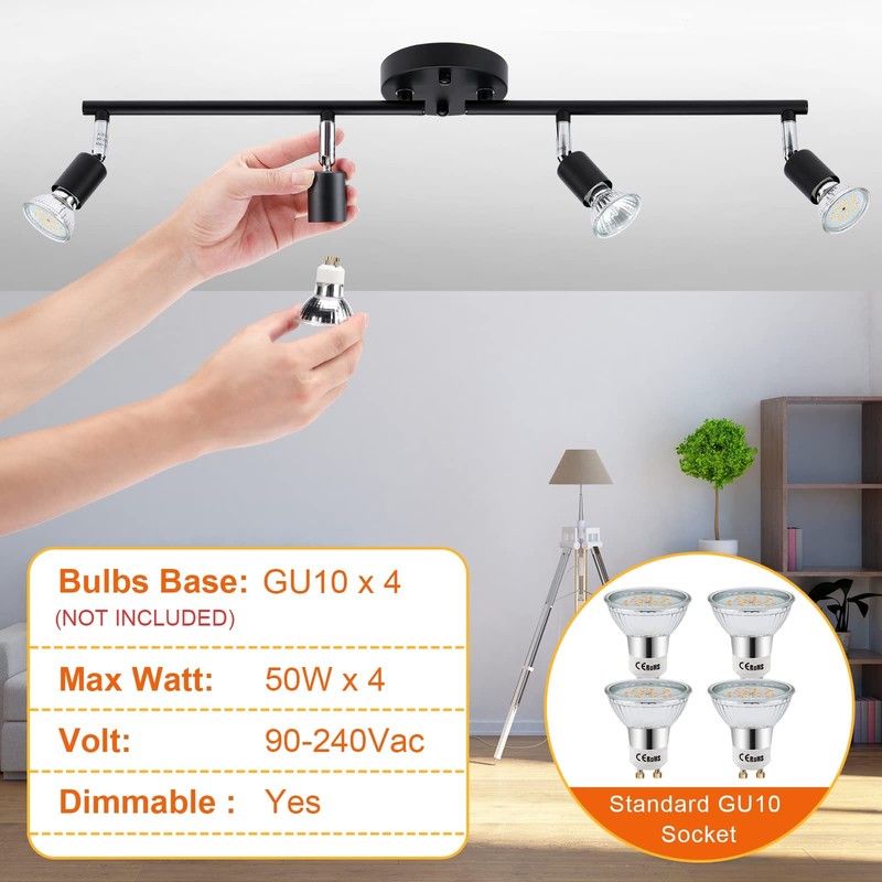 HURYEE Track Lighting Kit, 4 Head Foldable Ceiling Spot Light