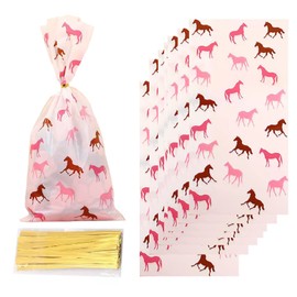 OHLIGEI 50 Pieces Horse Pink Treat Bags Horse Cellophane Candy Bags Horse Racing Plastic Goodie Storage Bags for Horse Theme Birthday Party Supplies