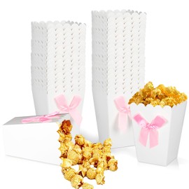 JarThenaAMCS 36Pcs Mini Popcorn Boxes White Popcorn Buckets with Pink Bow Paper Candy Favor Boxes Popcorn Treat Boxes for Movie Night Party Supplies, 4.2 x 3 x 2.2 Inch
