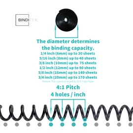 Binditek 100 Pack Plastic Spiral Binding Coils, 10mm(3/8"),75 Sheet Capacity,4:1 Pitch, Black Binding Spirals